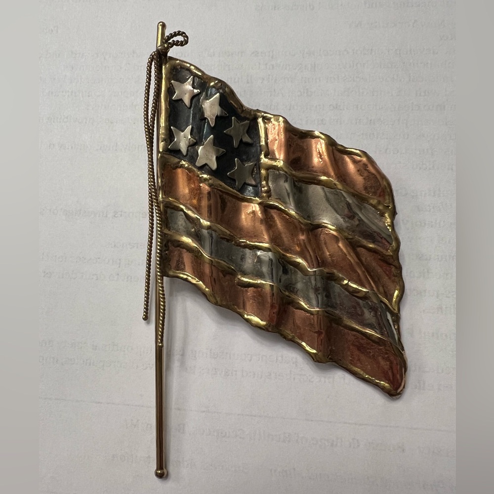 Handmade American Flag Brooch Bronze & Sterling Silver Artisan Statement Pin